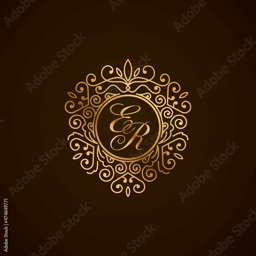 ER initial monogram logo, elegant ornament jewelry, emblem of love shape heart