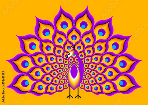 Peacock with yellow and purple tail. Optical expansion illusion.