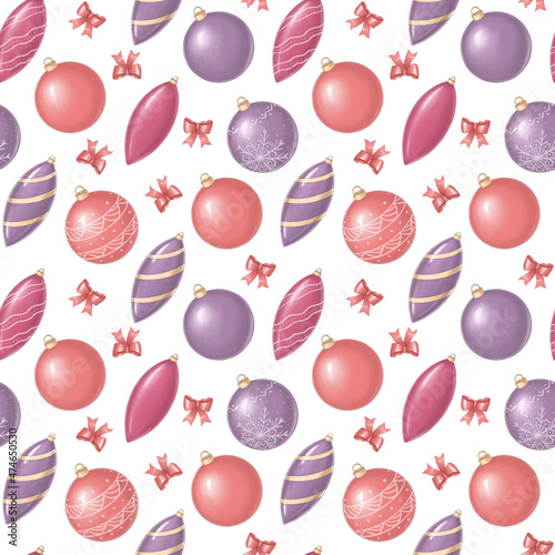 Seamless pattern in red and violet colors with Christmas ornaments. 