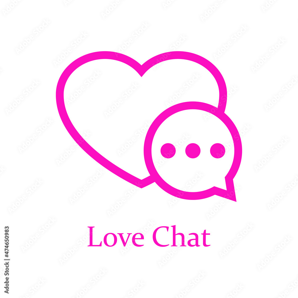 Logotipo con texto Love Chat con burbuja de habla en corazón con líneas en color rosa