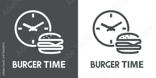Banner con texto Burger Time con hamburguesa en esfera de reloj simple con líneas en fondo gris y fondo blanco