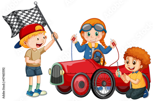 Children repairing a car together