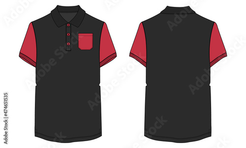 Two tone Short sleeve Basic Polo T-shirt With pocket overall technical fashion flat sketch vector Illustration template front and back views. Basic apparel Design Mock up.