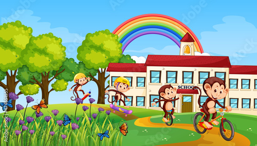 Outdoor school scene with monkeys riding bicycle
