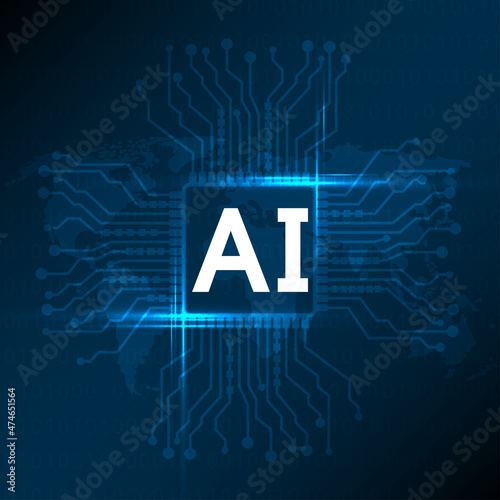 3D Rendering of computer mother board chip with AI text and glowing circuit background.