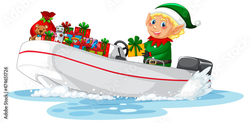 Christmas elf on the boat with his gifts