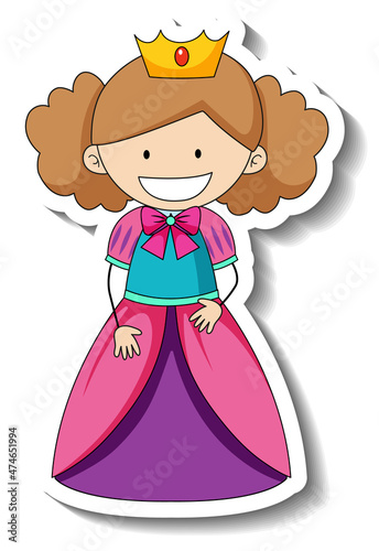 Sticker template with a little princess cartoon character isolated