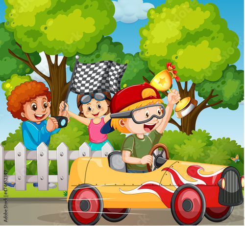 Outdoor scene with children racing car