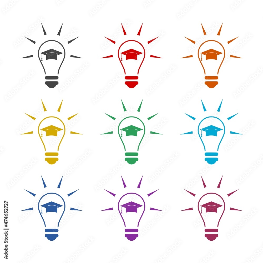 Light bulb and graduation cap icon isolated on white background, color set Light bulb and graduation cap icon isolated on white background, color set