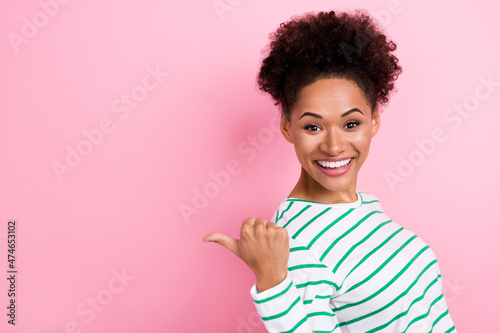 Profile photo of cute bun hairdo young lady indicate promo wear white shirt isolated on pink color background