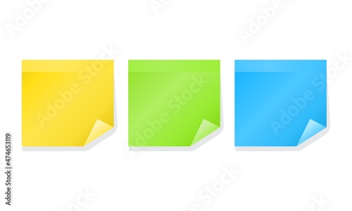 Sticky note . Paper reminder with curled corner, ready for your message. vector illustration. Isolated Yellow Green Blue post design