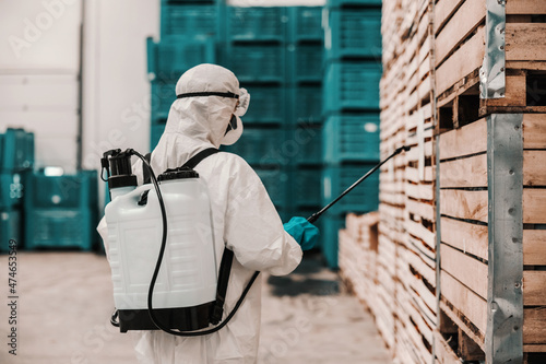 A backside photo of person in a protective suit uses a sprayer with alcohol. Disinfection of space, pallets and air in the warehouse. Specialists warn of the importance coronavirus situation. COVID19 photo