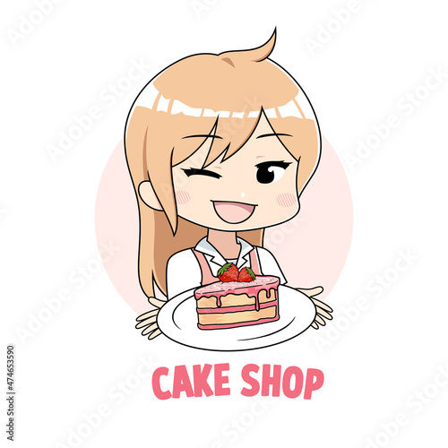 Cute woman cooking cake bakery logo, chef girl cartoon illustration
