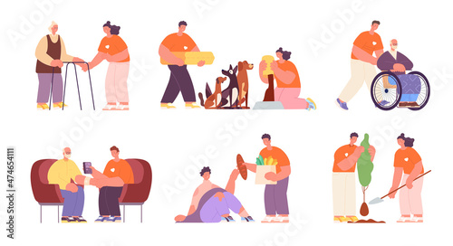 People help. Caring at elderly, volunteers community. Support animal, children and old. Volunteer nurses walking with disabled seniors, utter vector characters © MicroOne
