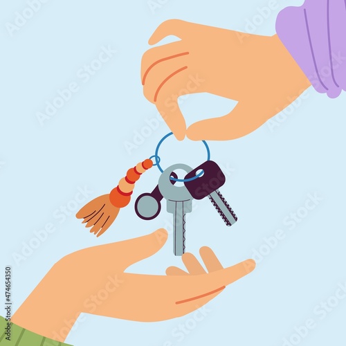 Hand with key. Renting car or house, hand give keys to over person. Buying property or sell vehicle. Sharing auto or apartment service, decent vector concept