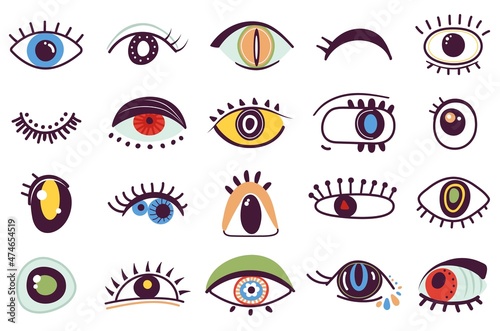 Hand drawn abstract eyes. Girly eye, ink drawing faces elements. Doodle style symbols, isolated modern decoration graphic, decent vector set