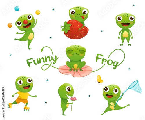 Green Frog Set Cartoon Character Vector