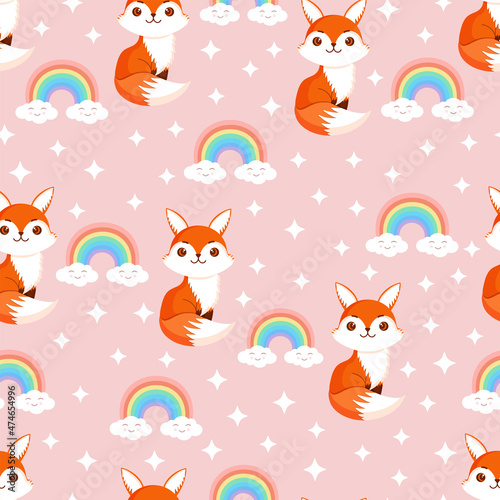 Seamless pattern with cute fox, stars and rainbow. Texture with animals for textiles, wallpaper or print design. Vector summer illustration.