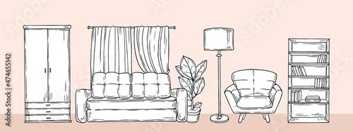 Living room banner. Sketch furniture, flat apartment with wardrobe, sofa, arm chair and bookshelf. Cozy interior background, drawing home accessories vector illustration photo