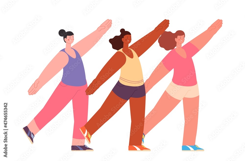 Stretching class. Women sport, pilates or yoga training. Diverse girls group, young female characters workout. Cute flat sporting people vector set
