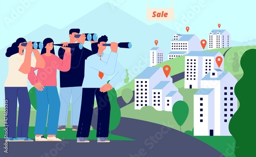 Real estate sale. People waiting bidding. Houses and apartments bargaining price. Mortgage or rent, woman man with binoculars looking buildings, vector illustration