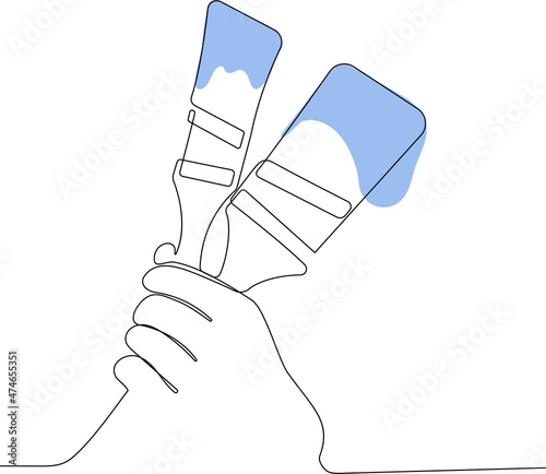 Continuous one line drawing of human hand holds paint brushes with paint can, floor painting, blank space for your text, banner, advertisement or your design minimal outline. Vector illustration