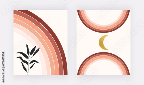 Boho wall art prints with rainbows, golden moon and leaf