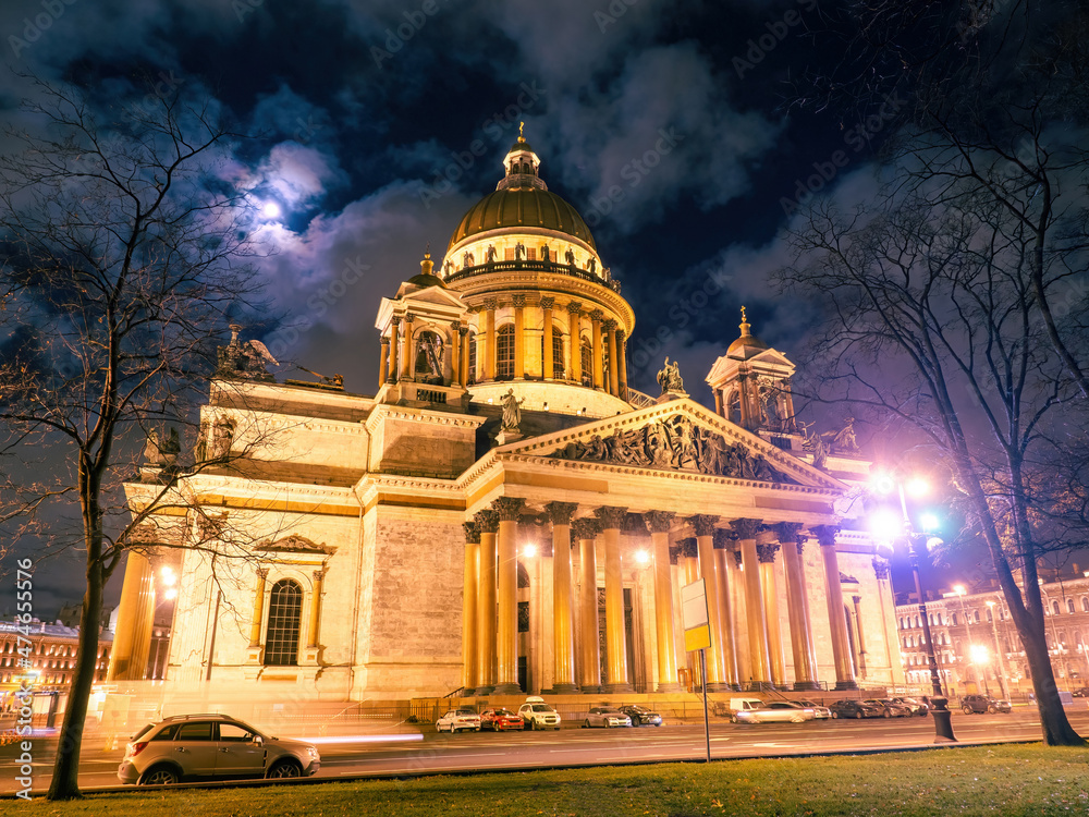 Saint Petersburg architecture. Russia landmarks. Isaac's cathedral night. St. Isaac's Square in winter evening. Winter Saint Petersburg without snow. Automobile road Petersburg. Architecture Russia
