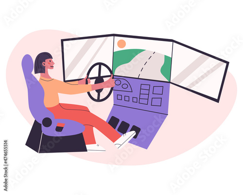 Young woman learn to drive with gaming wheel. Driving school, simulation driving lesson. Girl playing car racing video game, autosimulator. Vector flat moden isolated illustration in trendy colors