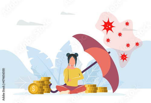 A girl sits near a pile of money and a credit card, making business success despite the coronavirus. Business woman concept