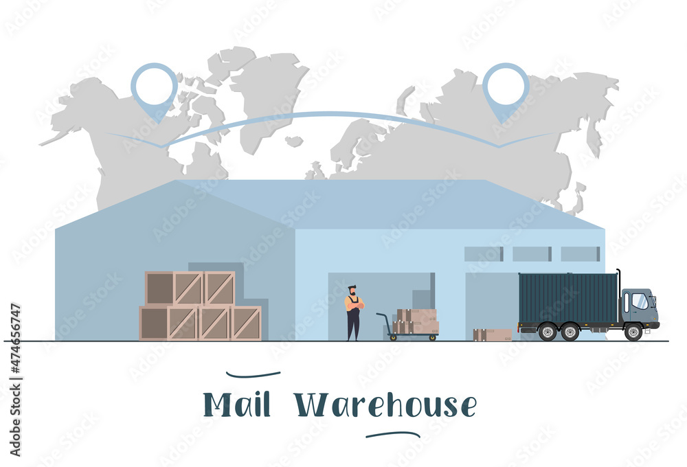 Mail Warehouse. Big warehouse with Boxes. A man and truck. Delivery Service Concept Mail Warehouse. Big warehouse with Boxes. A man and truck. Delivery Service Concept