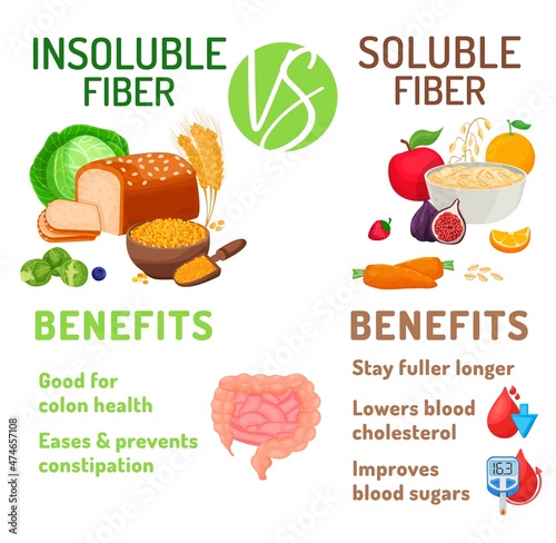 Soluble and insoluble fibre benefits. Editable vector illustration photo