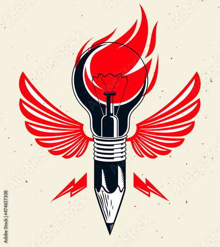 Pencil with idea light bulb combined into symbol with wings, creative energy design art or science invention or research vector logo or icon.