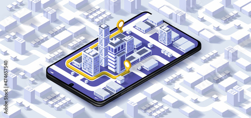 Vector illustration of smartphone with mobile navigation app on screen. Route map with symbols showing location of man. Global Positioning System concept design element in flat style.