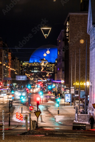 Photography Stockholm, Sweden Gotgatan on Sodermalm at night nd the Globe Arena in the background