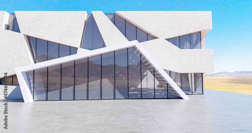 Obraz premium Perspective view of empty concrete floor with cement structure and glass wall building exterior. 3d rendering. Mixed media.