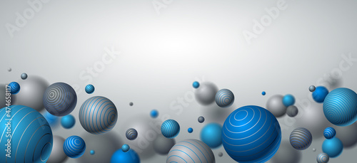 Abstract spheres vector background with blank copy space, composition of flying balls decorated with lines, 3D mixed realistic globes, realistic depth of field effect.