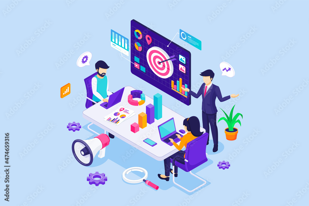 Business strategy concept with business people in meetings table. business planning, Marketing and target, consulting, financial and project management. Isometric Vector Illustration Business strategy concept with business people in meetings table. business planning, Marketing and target, consulting, financial and project management. Isometric Vector Illustration