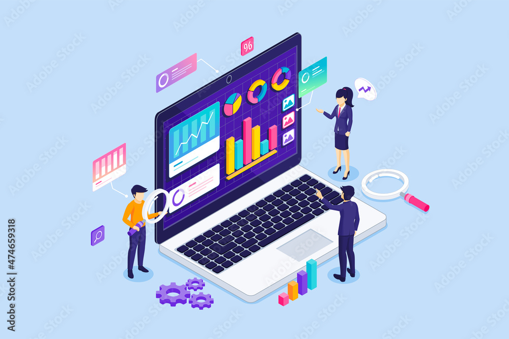 Business team is monitoring charts and diagrams on a big laptop. Business Data Analysis and statistical, Consulting, Financial reports and investments. Isometric Vector Illustration Business team is monitoring charts and diagrams on a big laptop. Business Data Analysis and statistical, Consulting, Financial reports and investments. Isometric Vector Illustration