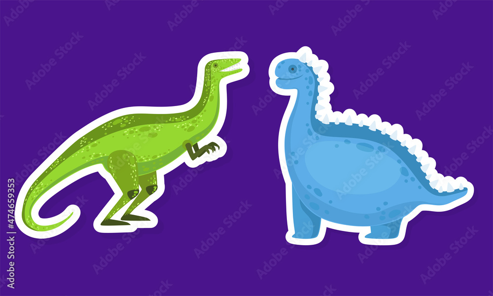 Dinosaur Character Sticker Isolated on Blue Background Vector Set