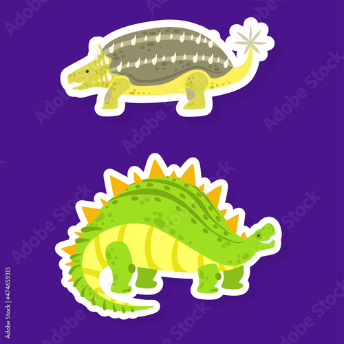 Dinosaur Character Sticker Isolated on Blue Background Vector Set