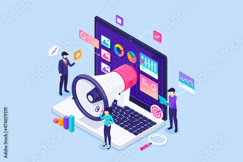 Digital Marketing concept. business people characters work near a giant laptop with graph charts and diagrams. Planning Business Strategy. Isometric Vector Illustration