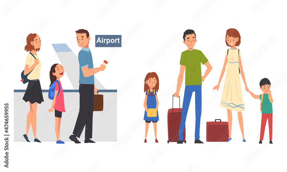 Happy Family with Kid Travelling on Vacation Passing in Airport Terminal and Standing with Suitcase Vector Set