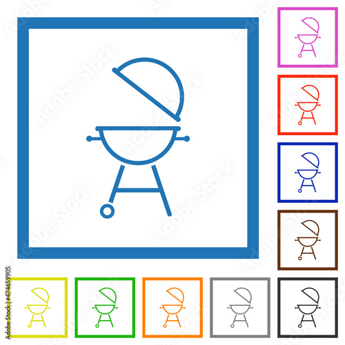 Barbecue grill with open cover outline flat framed icons