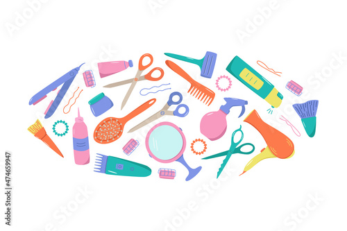 Hairdressing tool kit for beauty salon or home use. Vector illustration of doodle icons for self and hair care. Comb, razor, hair dryer, curling iron and other items.