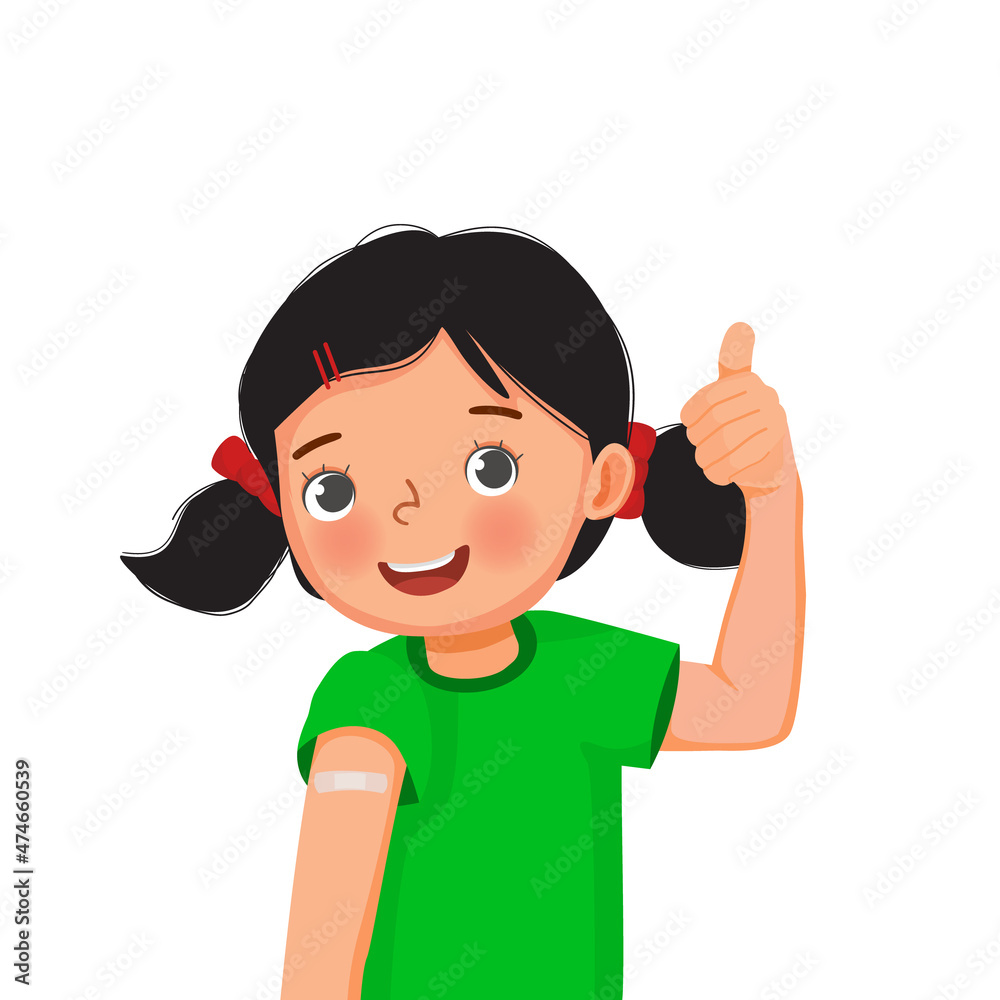 Cute little girl showing sticking patch or plaster on her arm after got Vaccine Injection and giving thumb up gestures with smiling facial expression
