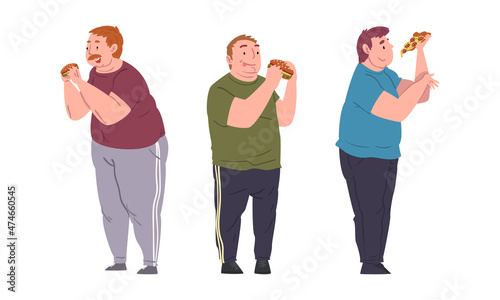 Cheerful Fat People Character Eating Pizza and Hamburger Vector Set