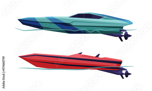 Motorboat or Speedboat as Watercraft or Swimming Water Vessel Powered by Engine Vector Set