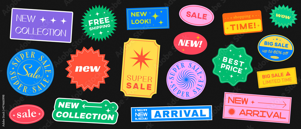 Abstract Background With Cool Sale Stickers. Promo Badges Vector Design. Shopping Labels. - obrazy, fototapety, plakaty 