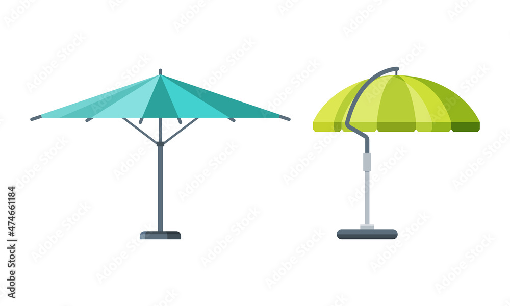 Umbrella Shade on Pole as Garden Furniture for Barbecue and Picnic Vector Set